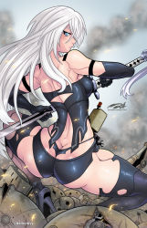 Rule 34 | 1girl, a2 (nier:automata), after battle, ass, asymmetrical legwear, back, black gloves, black shorts, black thighhighs, blue eyes, breasts, butt crack, commentary, darkereve, drone, elbow gloves, english commentary, from behind, gloves, high heels, highres, holding, holding sword, holding weapon, katana, long hair, looking back, machine (nier), medium breasts, mismatched legwear, nier:automata, nier (series), pod (nier:automata), see-through, see-through legwear, short shorts, shorts, sideboob, silver hair, solo focus, spread legs, squatting, sword, thighhighs, thighs, torn clothes, weapon