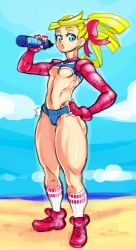 Rule 34 | 1girl, @ @, arms (game), beach, blonde hair, bottle, boxing gloves, character name, cloud, crop top, curvy, day, domino mask, female focus, full body, green eyes, gym uniform, hand on own hip, high tops, looking at viewer, mask, micro shorts, muscular, muscular female, nintendo, outdoors, parted lips, ponytail, ribbon girl (arms), ringlets, shoes, short shorts, shorts, sneakers, socks, solo, standing, thick eyebrows, thick thighs, thighs, water bottle, white socks, ziromaru