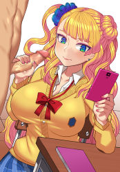 Rule 34 | 1boy, 1girl, blonde hair, blue eyes, blush, breasts, cellphone, censored, chair, closed mouth, clothed female nude male, covered erect nipples, desk, earrings, galko, hair bun, handjob, hetero, jewelry, large breasts, long hair, long sleeves, nail polish, nt00, nude, oshiete! galko-chan, penis, phone, pleated skirt, school uniform, side ponytail, single hair bun, sitting, skirt, smartphone