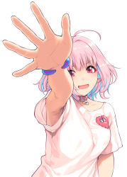 Rule 34 | 1girl, :d, ahoge, arm up, armpits, blue hair, bracelet, earrings, fang, foreshortening, heart, heart on chest, idolmaster, idolmaster cinderella girls, jewelry, looking at viewer, multicolored hair, open mouth, outstretched arm, pill earrings, pink hair, reaching, reaching towards viewer, red eyes, shirt, short hair, short sleeves, simple background, smile, solo, sunaba suzume, two-tone hair, upper body, v-shaped eyebrows, white background, white shirt, yumemi riamu