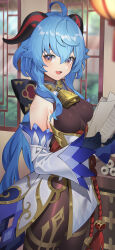 Rule 34 | 1girl, absurdres, ahoge, bare shoulders, bell, black bodysuit, black horns, blue hair, blurry, blurry foreground, bodysuit, breasts, commentary request, depth of field, detached sleeves, from side, ganyu (genshin impact), genshin impact, goat horns, gold trim, hair between eyes, highres, holding, holding paper, horns, indoors, long hair, looking at viewer, medium breasts, multicolored hair, neck bell, open mouth, paper, pelvic curtain, sidelocks, skirt, sleeveless, sleeveless bodysuit, smile, solo, white skirt, yuujin (yuzinn333)