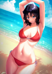 Rule 34 | 1girl, :d, amagami, armpits, arms up, beach, bikini, black hair, blue eyes, blush, breasts, collarbone, commentary request, cowboy shot, crossed arms, day, double-parted bangs, dutch angle, grin, hair between eyes, hair intakes, highres, horizon, legs together, light particles, linea alba, lips, looking at viewer, medium breasts, navel, ocean, open mouth, outdoors, palm tree, red bikini, side-tie bikini bottom, smile, solo, standing, string bikini, sunlight, swimsuit, tanamachi kaoru, thigh gap, tree, tree shade, wavy hair, wide hips, yuuki1103