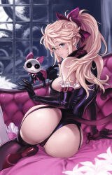 Rule 34 | 1girl, ass, black gloves, black leotard, black thighhighs, blonde hair, blue eyes, bow, breasts, check copyright, copyright request, couch, creature, elbow gloves, garter straps, gloves, hair bow, highres, indoors, large breasts, leotard, long hair, looking at viewer, looking back, night, nishieda, original, ponytail, smile, tentacles, thighhighs, thorns, window