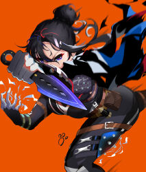 Rule 34 | 1girl, absurdres, animification, apex legends, bingqianlan ka, black bodysuit, black gloves, black hair, black scarf, blue eyes, bodysuit, breasts, electricity, gloves, hair bun, highres, holding, holding knife, holding weapon, knife, kunai, looking to the side, medium breasts, motion blur, open hand, orange background, paw print, running, scarf, single hair bun, solo, v-shaped eyebrows, weapon, wraith&#039;s kunai, wraith (apex legends)