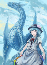 Rule 34 | 1girl, bad id, bad pixiv id, blouse, blue hair, bow, buttons, cloud, dragon, eastern dragon, closed eyes, female focus, food, fruit, hat, hinanawi tenshi, leaf, long hair, open hands, open mouth, peach, shirt, short sleeves, skirt, sky, solo, standing, touhou, upper body, very long hair, yagi (sinnsyou)
