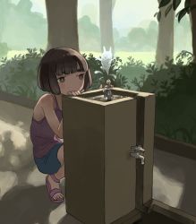Rule 34 | 1girl, blush, drinking fountain, nature, original, outdoors, short hair, squatting, tensen (dotted line), tree