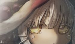 Rule 34 | 1other, bandam, brown fur, close-up, commentary request, furry, grey hair, hair between eyes, helmet, horizontal pupils, light particles, looking ahead, looking at viewer, made in abyss, nanachi (made in abyss), other focus, parted lips, portrait, signature, solo, whiskers, yellow eyes