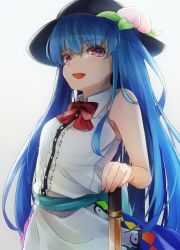 Rule 34 | 1girl, absurdres, adapted costume, apron, armpit peek, bare shoulders, black hat, blouse, blue hair, blue sash, blue skirt, bow, buttons, center frills, collared shirt, commentary, food, frills, fruit, gunsou1350, hand on hilt, hat, highres, hinanawi tenshi, leaf, long hair, looking at viewer, open mouth, peach, red bow, red eyes, red neckwear, sash, shirt, simple background, skirt, sleeveless, sleeveless shirt, smile, solo, sword of hisou, touhou, very long hair, white background, white shirt, wing collar