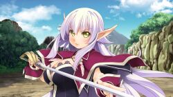 Rule 34 | 1girl, atelier-moo, black bustier, breasts, bustier, capelet, cleavage, closed mouth, dark elf, detached sleeves, elf, hair between eyes, highres, holding, holding rapier, holding weapon, large breasts, long hair, long pointy ears, looking at viewer, narrow waist, pointy ears, purple capelet, purple hair, rapier, sidelocks, silvia milsteen, solo, standing, sword, upper body, v-shaped eyebrows, very long hair, weapon, wizards symphony, yellow eyes