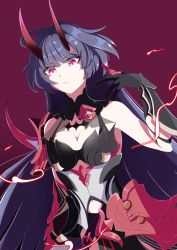 Rule 34 | 1girl, absurdres, bare shoulders, black gloves, black hair, breasts, cleavage, closed mouth, commentary request, eight (eight3rd1), elbow gloves, gloves, hand up, highres, honkai (series), honkai impact 3rd, horns, long hair, looking at viewer, medium breasts, navel, purple background, purple eyes, raiden mei, raiden mei (herrscher of thunder), red pupils, solo, very long hair