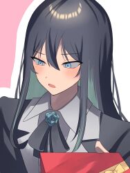 Rule 34 | 1girl, absurdres, ado (utaite), averting eyes, black bow, black bowtie, black hair, black jacket, blue eyes, blue flower, blue hair, blue rose, blush, bow, bowtie, box, box of chocolates, chando (ado), cloud nine inc, collared shirt, colored inner hair, commentary, flower, flower brooch, hair between eyes, highres, jacket, long hair, mole, mole under eye, multicolored hair, open mouth, outline, pink background, rose, shirt, sidelocks, solo, tsukuno tsuki, two-tone hair, upper body, utaite, valentine, white outline, white shirt
