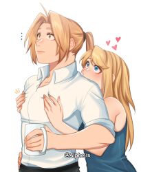 Rule 34 | ..., 1boy, 1girl, aiphelix, aqua shirt, bare shoulders, blonde hair, blue eyes, blush, collared shirt, couple, cup, edward elric, fullmetal alchemist, grabbing, heart, highres, holding, holding cup, hug, hug from behind, long hair, long sleeves, looking at another, looking to the side, mug, pectoral grab, ponytail, shirt, simple background, sleeves pushed up, sweatdrop, undershirt, upper body, white background, white shirt, winry rockbell, yellow eyes