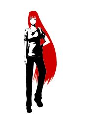 Rule 34 | 00s, 1girl, aozaki aoko, breasts, choi yuan (qsta), flat color, hand on own hip, long hair, red hair, shirt, solo, t-shirt, tsukihime, very long hair