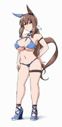 1girl absurdres admire_vega_(umamusume) animal_ears arm_strap bikini blue_footwear breasts brown_hair commentary_request deno_(denomina0) ear_covers full_body grey_background hair_ribbon highres horse_ears horse_girl horse_tail large_breasts long_hair looking_at_viewer navel o-ring o-ring_bikini o-ring_top pink_eyes ponytail ribbon shoes sidelocks simple_background single_ear_cover solo standing swimsuit tail thigh_strap umamusume white_ribbon