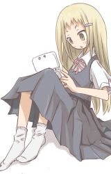Rule 34 | 1girl, black skirt, blonde hair, hair ornament, hairclip, handheld game console, highres, nintendo, nintendo 3ds, no nose, pleated skirt, qt project, red ribbon, ribbon, simple background, skirt, socks, solo, white background, white footwear, yellow eyes