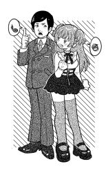 Rule 34 | 1boy, 1girl, anger vein, bigwaterblue, business suit, buttons, character request, clenched hands, clenched teeth, collar, commentary request, fang, formal, frilled collar, frills, full body, greyscale, hand up, idolmaster, idolmaster shiny colors, index finger raised, jacket, legs, long hair, long sleeves, looking at another, mayuzumi fuyuko, monochrome, necktie, pants, serious, shirt, shoes, short hair, skirt, speech bubble, spoken squiggle, squiggle, standing, striped, striped background, suit, suspender skirt, suspenders, tadpole, teeth, thighhighs, v-shaped eyebrows, zettai ryouiki