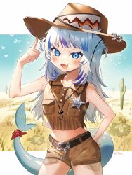 Rule 34 | 1girl, :d, adjusting clothes, adjusting headwear, arm up, bare shoulders, belt, blue eyes, blue nails, blue sky, brown shorts, cactus, cowboy, cowboy hat, cowboy shot, fang, fins, fish tail, gawr gura, grass, hair ornament, hat, hololive, hololive english, long hair, midriff, moa (21energy12), multicolored hair, nail polish, navel, open mouth, outdoors, shark girl, shark hair ornament, shark tail, sheriff badge, short shorts, short twintails, shorts, skin fang, sky, smile, solo, stomach, streaked hair, tail, twintails, virtual youtuber, western, white hair