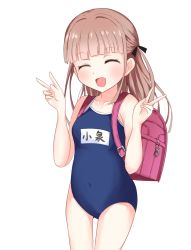 Rule 34 | 1girl, arms up, backpack, bag, blue one-piece swimsuit, blunt bangs, closed eyes, covered navel, double v, highres, koizumi uta, long hair, one-piece swimsuit, open mouth, p-hone, randoseru, ribbon, school swimsuit, selection project, simple background, smile, solo, swimsuit, thigh gap, thighs, two side up, v, white background