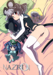 Rule 34 | 1girl, adapted costume, alternate costume, animal, animal ears, ass, black panties, blush, breasts, character doll, character name, floral print, grey hair, highres, kawashiro nitori, long sleeves, looking at viewer, lying, mouse (animal), mouse ears, mouse tail, nazrin, non-web source, on bed, on side, panties, pillow, red eyes, scan, scan artifacts, shirt, short hair, sleeping, small breasts, smile, star (symbol), syope, tail, thighhighs, thong, touhou, underboob, underwear, white thighhighs