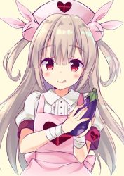 Rule 34 | 1girl, :p, apron, bad id, bad twitter id, bandages, bandaged arm, bandages, blush, brown hair, eggplant, food, hat, heart, holding, holding food, long hair, looking at viewer, natori sana, nurse, nurse cap, pink apron, red eyes, sana channel, sasorigatame, short sleeves, solo, tongue, tongue out, twintails, two side up, vegetable, virtual youtuber