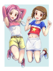 Rule 34 | 2girls, armpits, arms behind head, belt, brown eyes, brown hair, camera, cosplay, costume switch, digimon, digimon adventure 02, hair ornament, hairclip, halterneck, highres, jewelry, jumping, legs together, midriff, miniskirt, multicolored hair, multiple girls, navel, necklace, open mouth, pink hair, shirt, shoes, short hair, shorts, simple background, skirt, smile, sneakers, star (symbol), t-shirt, tachikawa mimi, thighs, two-tone background, two-tone hair, yagami hikari