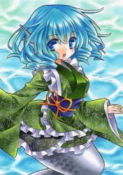 Rule 34 | 1girl, bad id, bad pixiv id, blue eyes, blue hair, drill hair, fins, head fins, japanese clothes, kimono, kingin shishou, looking at viewer, marker (medium), matching hair/eyes, mermaid, monster girl, open mouth, solo, touhou, traditional media, wakasagihime