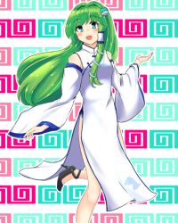 Rule 34 | 1girl, absurdres, arms at sides, asymmetrical bangs, bare legs, bare shoulders, black footwear, china dress, chinese clothes, collared dress, commentary request, cropped legs, detached sleeves, dress, floral print, frog hair ornament, green eyes, green hair, hair ornament, hair tubes, highres, kochiya sanae, light blush, long dress, long hair, mokutan (link machine), open hands, open mouth, outstretched arms, print dress, shoes, side slit, simple background, sleeveless, sleeveless dress, smile, snake hair ornament, solo, standing, standing on one leg, touhou, very long hair, white dress