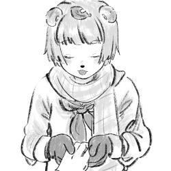 Rule 34 | 1girl, :3, alternate costume, animal ears, animal nose, blush, closed eyes, facing viewer, gloves, greyscale, hand grab, highres, leaf, leaf on head, long sleeves, mizu&#039;24, mode aim, monochrome, neckerchief, open mouth, out of frame, plaid, plaid scarf, ponpoko (vtuber), pov, pov hands, raccoon ears, raccoon girl, raised eyebrows, scarf, short hair, simple background, solo focus, upper body, virtual youtuber
