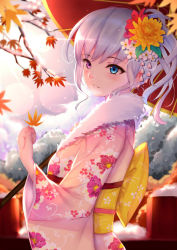 Rule 34 | 1girl, blue eyes, blurry, blush, cloud, commentary request, day, depth of field, floral print, flower, from side, fur-trimmed kimono, fur trim, genkung, hair flower, hair ornament, heterochromia, holding, holding leaf, japanese clothes, kimono, leaf, lens flare, original, outdoors, parted lips, pink kimono, purple eyes, sash, silver hair, solo, standing, sunlight, wide sleeves