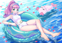Rule 34 | 1girl, aqua eyes, bare arms, bare legs, barefoot, blue hairband, bracelet, breasts, casual one-piece swimsuit, closed mouth, crossed legs, earrings, full body, hairband, high ponytail, highres, innertube, jewelry, kururun (precure), laura la mer, long hair, looking at viewer, one-piece swimsuit, petals, pink hair, precure, shell, shell earrings, shiny skin, shrimp1634, small breasts, smile, solo, swim ring, swimsuit, tropical-rouge! precure, white one-piece swimsuit