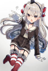 Rule 34 | 1girl, amatsukaze (kancolle), bad id, bad pixiv id, black choker, black dress, blush, brown eyes, choker, commentary request, dress, garter straps, gloves, gradient background, hair between eyes, hair tubes, hairband, hat, highres, horizontal-striped legwear, ikeuchi tanuma, innertube, kantai collection, long hair, long sleeves, open mouth, outstretched arm, sailor collar, sailor dress, short dress, silver hair, solo, striped clothes, striped thighhighs, swim ring, thighhighs, torpedo, two side up, very long hair, white gloves, white sailor collar, zettai ryouiki