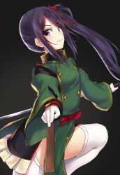 Rule 34 | 1girl, black background, black hair, buttons, closed mouth, commentary, double-breasted, frills, gloves, hair between eyes, hair ornament, hand fan, highres, holding, holding fan, kurofuti, long hair, long sleeves, looking at viewer, military, military uniform, out of frame, purple eyes, red sash, sash, shichiseiken (tenka hyakken), side ponytail, side slit, smile, solo, tenka hyakken, thighhighs, uniform, v-shaped eyebrows, white gloves, white thighhighs, wide sleeves