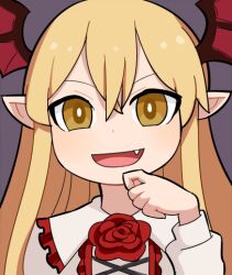 Rule 34 | 1girl, blonde hair, bright pupils, commentary request, demon wings, fang, flower, flower brooch, frilled shirt collar, frills, hair between eyes, head wings, hospital king, long bangs, long hair, long sleeves, looking at viewer, open mouth, pointy ears, portrait, purple background, red flower, red rose, red wings, rose, shingeki no bahamut, shirt, simple background, smile, solo, vampy, white pupils, white shirt, wings, yellow eyes