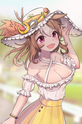 Rule 34 | 1girl, absurdres, alternate costume, amite-faust, animal ears, arm up, armpits, bare shoulders, bead bracelet, beads, blush, bracelet, breasts, brown hair, cleavage, collarbone, commentary request, copano rickey (umamusume), criss-cross halter, double bun, fang, hair between eyes, hair bun, halterneck, highres, horse ears, horse girl, jewelry, large breasts, long hair, multicolored hair, open mouth, outdoors, pink eyes, shirt, skin fang, skirt, smile, solo, streaked hair, umamusume, white hair, white headwear, white shirt, yellow skirt