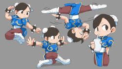 Rule 34 | blue dress, boots, bracelet, brown eyes, brown hair, bun cover, capcom, chibi, china dress, chinese clothes, chun-li, commentary, commentary request, double bun, dress, drinking straw, earrings, fighting stance, hair bun, highres, jewelry, kesut4, multiple views, pantyhose, pelvic curtain, puffy short sleeves, puffy sleeves, short sleeves, spiked bracelet, spikes, street fighter, thermos, thick thighs, thighs, white footwear