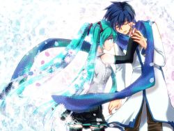 Rule 34 | 1boy, 1girl, aqua eyes, aqua hair, blue hair, blue scarf, couple, crying, detached sleeves, closed eyes, flower, hatsune miku, hetero, kaito (vocaloid), long hair, looking at another, nail polish, necktie, scarf, skirt, tears, thighhighs, twintails, very long hair, vocaloid