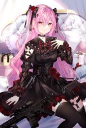 Rule 34 | 1girl, absurdres, assault rifle, black bow, black collar, black dress, black thighhighs, bow, closed mouth, collar, dress, earrings, flower, garter straps, gothic lolita, gun, hair between eyes, hair bow, hair flower, hair ornament, heart, heart earrings, heart-shaped pillow, highres, indoors, jewelry, lolita fashion, long hair, long sleeves, nail polish, original, pillow, pink hair, red eyes, red flower, red nails, rifle, sig mcx, sitting, solo, thighhighs, twintails, very long hair, weapon, ymkrnchan, zettai ryouiki