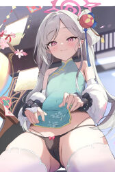 Rule 34 | 1girl, blue archive, chinese clothes, highres, houraku, looking at viewer, mutsuki (blue archive), panties, pink eyes, sitting, smile, solo, twintails, underwear, white hair