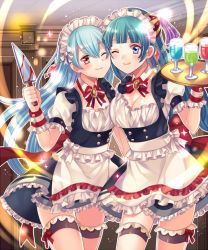 Rule 34 | 2girls, blue eyes, blue hair, breasts, cleavage, knife, maid, maid headdress, medium breasts, multiple girls, official art, one eye closed, red eyes, senjou no electro girl, shina shina, small breasts, thighhighs, wrist cuffs