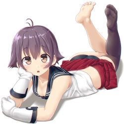 Rule 34 | 1girl, ahoge, ass, barefoot, black panties, black thighhighs, collarbone, dd (ijigendd), feet, gloves, highres, kantai collection, looking at viewer, lying, no shoes, on stomach, panties, pleated skirt, purple hair, red skirt, sakawa (kancolle), school uniform, serafuku, shirt, short hair, single thighhigh, skirt, sleeveless, soles, solo, the pose, thighhighs, toes, underwear, white background, white gloves, white shirt
