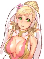 Rule 34 | 1girl, animal ears, bare shoulders, blonde hair, breasts, rabbit ears, cleavage, cleavage cutout, clothing cutout, fake animal ears, fire emblem, fire emblem heroes, flower, green eyes, hair flower, hair ornament, highres, large breasts, long hair, nintendo, parted lips, pocari66, ponytail, sharena (fire emblem), simple background, solo, white background