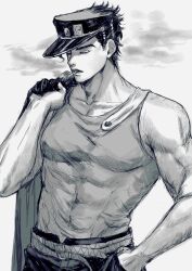 Rule 34 | 1boy, cigarette, closed eyes, cowboy shot, greyscale, hand in pocket, hat, highres, holding, holding clothes, holding jacket, impossible clothes, jacket, jojo no kimyou na bouken, kshima mo369, kuujou joutarou, male focus, monochrome, mouth hold, over shoulder, pants, short hair, simple background, smoking, solo, standing, stardust crusaders, tank top