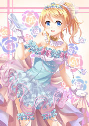Rule 34 | 1girl, :d, ayase eli, blonde hair, blue eyes, breasts, choker, cleavage, diadem, dress, earrings, glass slipper, gloves, hair between eyes, hair ornament, hair scrunchie, high ponytail, jewelry, long hair, looking at viewer, love live!, love live! school idol festival, love live! school idol project, medium breasts, open mouth, scrunchie, see-through, short dress, skirt hold, sleeveless, sleeveless dress, smile, solo, sparkle, standing, thigh strap, villyane, white gloves