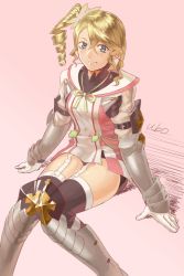 Rule 34 | 10s, 1girl, alisha diphda, armor, artist name, blush, brown hair, drill hair, gauntlets, greaves, green eyes, hair between eyes, light brown hair, looking at viewer, pink background, side drill, sitting, solo, tales of (series), tales of zestiria, ubo (ubo tales)