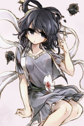 Rule 34 | 1girl, black hair, blue eyes, hair ornament, hair rings, hair stick, highres, hisona (suaritesumi), kaku seiga, lavender dress, looking at viewer, open clothes, open vest, playing with own hair, shawl, sitting, solo, touhou, vest