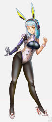 Rule 34 | 1girl, animal ears, blue hair, breasts, covered navel, cuffs, dated, fake animal ears, full body, grey background, headphones, high heels, highres, leotard, lieqi hun, long hair, looking at viewer, mecha, medium breasts, original, pantyhose, pink background, playboy bunny, prosthesis, prosthetic arm, rabbit ears, robot, science fiction, simple background, smile, solo, yellow eyes