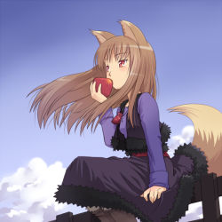 Rule 34 | 1girl, animal ears, apple, blush, brown hair, cloud, day, eating, female focus, food, fruit, holo, meow (nekodenki), outdoors, red eyes, sky, solo, spice and wolf, tail, wolf ears, wolf tail