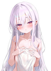 1girl absurdres blush collarbone commentary_request covering_breasts covering_privates eyelashes eyes_visible_through_hair grey_hair hair_between_eyes hair_intakes hair_over_shoulder hands_up highres long_hair looking_at_viewer naked_towel nyahu_(nyahu_77) original parted_lips red_eyes simple_background solo straight_hair towel tsurime upper_body very_long_hair wet white_background