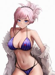 Rule 34 | 1girl, absurdres, asymmetrical hair, bikini, blue bikini, blue eyes, breasts, cleavage, closed mouth, collarbone, commentary, commentary request, cowboy shot, diamond-shaped pupils, diamond (shape), english commentary, fate/grand order, fate (series), fur trim, grey background, highres, jacket, large breasts, long hair, looking at viewer, mixed-language commentary, miyamoto musashi (fate), navel, off shoulder, phaethonvt, sidelocks, smile, solo, star (symbol), star print, striped bikini, striped clothes, swept bangs, swimsuit, symbol-shaped pupils, tsurime