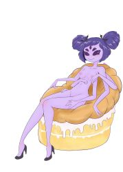 Rule 34 | 1girl, breasts, cake, colored skin, extra arms, extra eyes, fangs, food, high heels, highres, arthropod girl, muffet, nipples, nude, purple skin, pussy, sitting, solo, spider girl, twintails, undertale